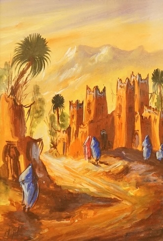 Majid, Orientalist street scene with figures, signed, oil, 16 x 11cm